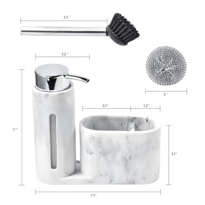 Soap Dispenser with Sponge Holder, Kitchen Soap Dispenser Pump, Sponge Caddy and Brush Holder 3 in 1 Set Organizer for Sink Countertop, Rustproof（White） - color: White