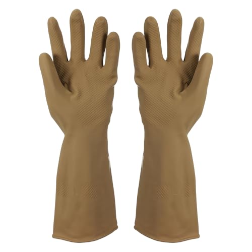 uxcell Rubber Cleaning Gloves, Reusable Household Dishwashing Long Rubber Gloves with Non-slip Grip - color: Brown, size: Medium