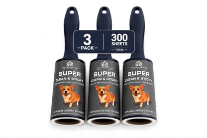 Extra Sticky Lint Roller for Pet Hair (300 Sheets) — 3-Pack, Straight-Cut Sheets, Ergonomic Navy Handles — Cat & Dog Hair Remover for Clothes, Furniture & Car - size: 3 Packs