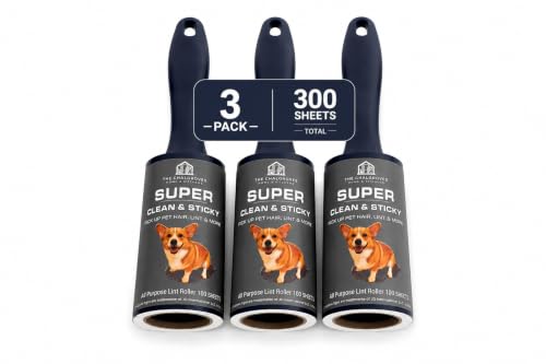 Extra Sticky Lint Roller for Pet Hair (300 Sheets) — 3-Pack, Straight-Cut Sheets, Ergonomic Navy Handles — Cat & Dog Hair Remover for Clothes, Furniture & Car - size: 3 Packs