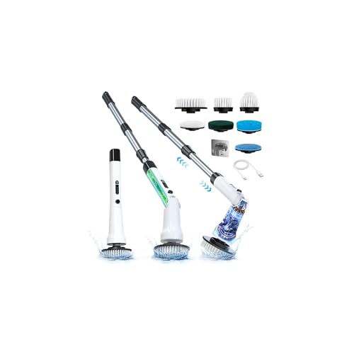 Electric Spin Scrubber, Hillyfe Bathroom Scrubber Electric with 7 Replaceable Brush Heads, IPX7 Waterproof,300/400 RPM, 3 Adjustable Length,Scrubber Brush Electric for Bathtub Floor,White - color: White