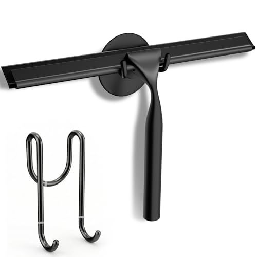 FARMER Shower Squeegee for Glass Doors, 10-Inch Glass Squeegee for Windows, Car Glass and Mirrors, Multi-Purpose Stainless Steel Squeegee with Suction Wall Hook and Over Door Hook, Black - color: Black