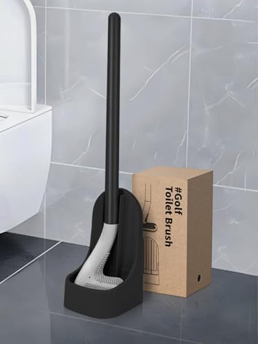 Silicone Toilet Brush and Holder Set, Golf Head Design, Flexible Toilet Bowl Brush Head with Silicone, Long Handle, Wall Mounted with Removable Anti-Leakage Base, Bathroom Deep Cleaning(Black) - color: Black