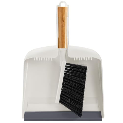 SUBEKYU Dustpan and Brush Set with Bamboo Handle, Hand Mini Broom and Dustpan Set, Small Broom and Dustpan Set for Kitchen/Desktops/Bedroom, White, 1 Set - color: White