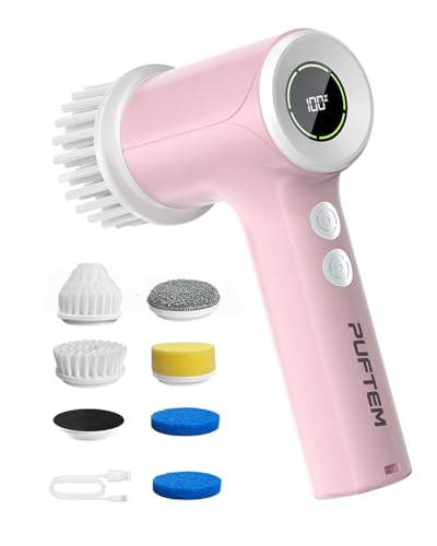 PUFTEM Shower Scrubber, Electric Spin Scrubber for Bathroom Cleaning – Cordless Shower Cleaner Brush with 6 Brush Heads, Dual-Direction Rotation, for Grout, Tile, Tub, Sink & Corners, Pink - color: Pink