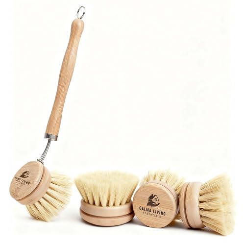 Bamboo Scrub Brush with Handle – Soft Sisal Bristles, Non-Toxic Dish Brush, Compostable & Biodegradable, Bamboo Dish Scrubber for Cookware, Bowls, Plates & Non-Stick Pans
