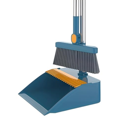 Broom and Dustpan Set, Long Handle Standing Broom with Self-Cleaning Comb Teeth, Heavy Duty Broom Dustpan Combo for Home Kitchen Office Floor Pet Hair Cleaning (Blue) - color: Blue