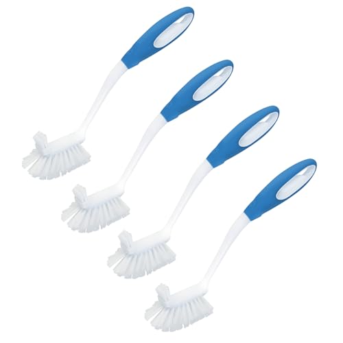 LOLA Pro Utility All Purpose Kitchen Cleaning Brush, 4 Pack, Durable Bristles, Comfort Ergonomic Rubber Non-Slip Grip, Built-in Food Scraper - color: White & Blue, size: 4 Pack