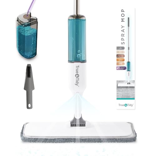 True & Tidy® SPRAY-250 Multi-Surface Spray Mop with 490ml Refillable Water Bottle for Floor Cleaning, Works on Wood, Tile, Marble etc, Use Any Cleaning Solution, Machine Washable Microfiber Mop Pads - color: White, size: Spray Mop
