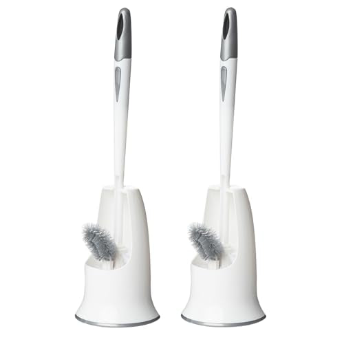 2 Pack Toilet Bowl Brush with Holder for Bathroom, Under-Rim Double Brush Head, Long Handle Household Cleaning Brushes Set (2 Pack Grey Brush with Holder) - color: 2 Pack Grey Brush With Holder