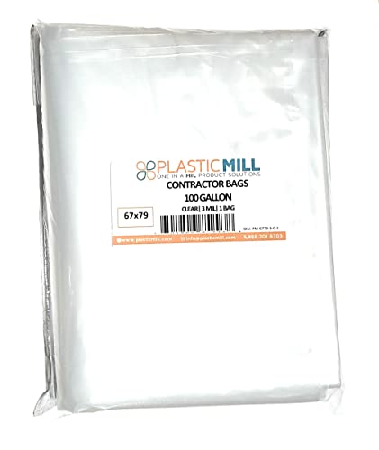 PlasticMill Contractor Bags Heavy Duty - Commercial, Industrial Garbage Bags - Clear Construction Trash Bags - Outdoor, Garden Trash Bags, 100-Gallon, 3 Mil, 67"x79" (1-Count) - color: Clear