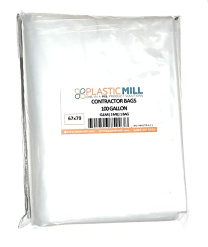 PlasticMill Contractor Bags Heavy Duty - Commercial, Industrial Garbage Bags - Clear Construction Trash Bags - Outdoor, Garden Trash Bags, 100-Gallon, 3 Mil, 67"x79" (1-Count) - color: Clear