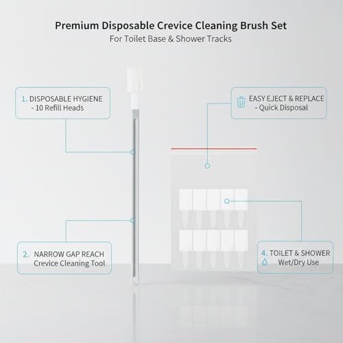 Disposable Crevice Cleaning Brush Set with 10 Refill Heads, Narrow Gap Cleaner for Toilet Base and Shower Tracks, White PP Plastic Handle