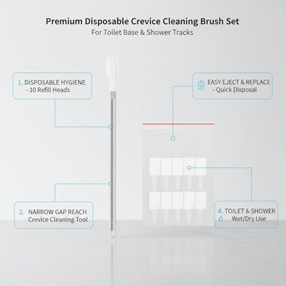 Disposable Crevice Cleaning Brush Set with 10 Refill Heads, Narrow Gap Cleaner for Toilet Base and Shower Tracks, White PP Plastic Handle
