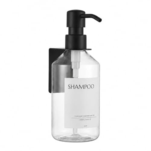 Shampoo and Conditioner Dispenser Set of 1, Wall Mount No Drill Shower Soap Bottles with Labels, Refillable Body Wash Dispensers for Bathroom Decor (Clear Bottles + Black Pumps) - color: Clear Bottles + Black Pumps
