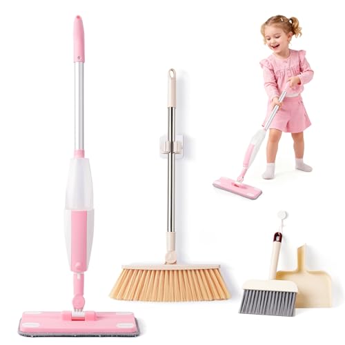 Toddler Gifts Cleaning Toy Sets, Real Working Water-Spraying Mop Toy & Kids Broom Dustpan Set, Montessori Mini Kids Spray Mop, Toddler Cleaning Set for Floor, Christmas Birthday Gifts for Age 3+ - color: Pink+white