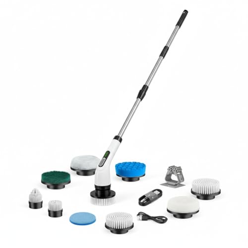 Cordless Electric Spin Scrubber - IPX7 Waterproof, LCD Display, 8 Brush Heads, Adjustable Extension Handle, for Shower, Bathtub, Tile, Grout, Kitchen, Bathroom Cleaning