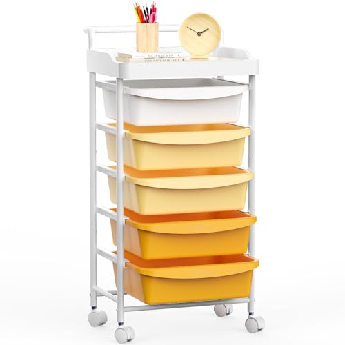 Five Drawer Rolling Cart, Craft Organizers and Storage for Home Office Classroom, Plastic Drawer Storage With Handle, Utility Cart With Removable Drawers for Tools, Toys and craft materials(Orange) - color: Orange