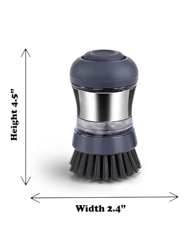 Stainless Steel Soap Dispensing Palm Brush for Pans & General Kitchen Dish Scrub | Grey Bristles | Dishwasher Safe
