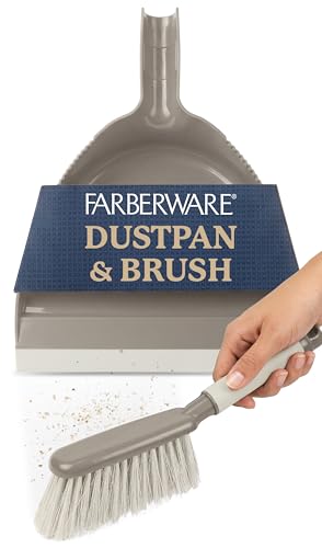 Farberware Handheld Broom and Dustpan Set with Rubber Lip – Small Dust Pan and Brush Set for Kitchen Crumbs, Cat Litter, Compact Hand Broom with Soft Grip Handle for Home Cleaning - color: Beige/Tan