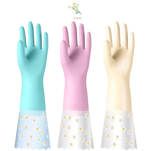 KAQ Reusable Household Cleaning Gloves Rubber: 3 Pairs Latex Free Kitchen Gloves for Washing Dishes with Cotton Lined - size: Large (Pack of 3)