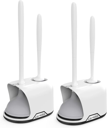 Lefree, 2 in 1 Toilet Brush and Plunger Set with Silicone Bristles, Plastic Material, Includes Holder, White/Black, for Deep Cleaning - color: A-white, size: 2 Pack