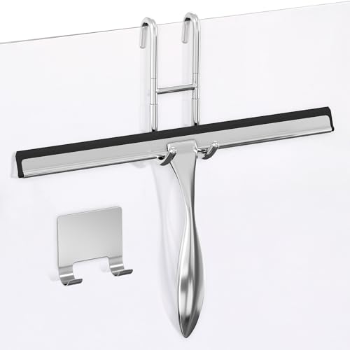 12" Silver Shower Door Squeegee - Stainless Steel Shower Squeegee for Streak-Free Bathroom Glass with Silicone Blade, Adhesive & Hanging Hooks for Mirror, Tile, Window, Car, Multi-Surface Everyday Use - color: Silver, size: 12 Inch