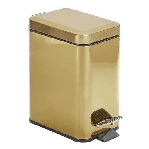 mDesign Slim Metal Rectangle 0.8 Gallon Trash Can with Step Pedal, Easy-Close Lid, Removable Liner - Narrow Wastebasket Garbage Container Bin for Bathroom, Bedroom, Kitchen, Office - Soft Brass - color: Soft Brass, size: .8 Gallon