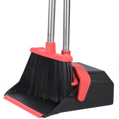 Tiumso Upgrade Broom and Dustpan Set, 51'' Sturdy Long Handle, Large Upright Stand Up Broom and Dustpan, ZeroGap Lip, Self-Cleaning Dustpan Teeth for Lobby Kitchen Office Floor - Black and Red - color: Black and Red