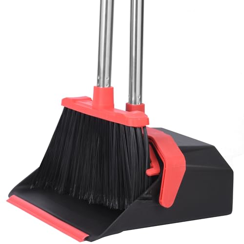 Tiumso Upgrade Broom and Dustpan Set, 51'' Sturdy Long Handle, Large Upright Stand Up Broom and Dustpan, ZeroGap Lip, Self-Cleaning Dustpan Teeth for Lobby Kitchen Office Floor - Black and Red - color: Black and Red