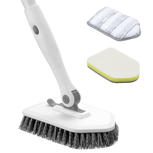 nacena Shower Scrubber with Long Handle, 4 in 1 Tile Tub Scrubber Brush with 3 Detachable Cleaning Shower Heads and Floor Squeegee Shower Cleaner Brush for Bathroom Kitchen Tub Sink Floor, Grey White - color: Grey White, size: 2 pads
