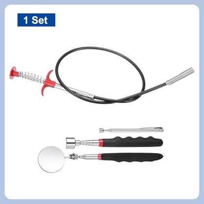 HARFINGTON Flexible Grabber Claw Pick Up Tool Set 0.47" Dia. 63" Bendable Spring Telescoping Inspection Mirror Magnet Rod 4 Claws Stainless Steel Cleaning Hook for Auto Repair Home Sink Drain