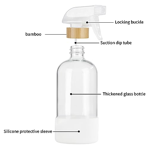 HOMBYS Empty Bamboo Glass Spray Bottles with Silicone Sleeve Protection - Refillable 17 oz Clear Glass Containers for Cleaning Solutions, Essential Oils, Misting Plants - Quality Sprayer - 1 PCS