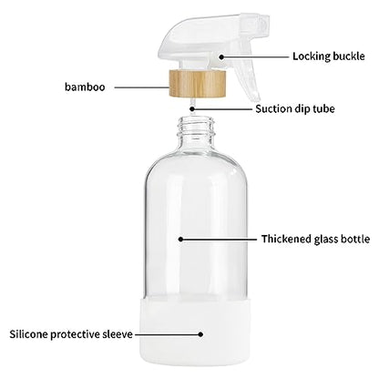 HOMBYS Empty Bamboo Glass Spray Bottles with Silicone Sleeve Protection - Refillable 17 oz Clear Glass Containers for Cleaning Solutions, Essential Oils, Misting Plants - Quality Sprayer - 1 PCS