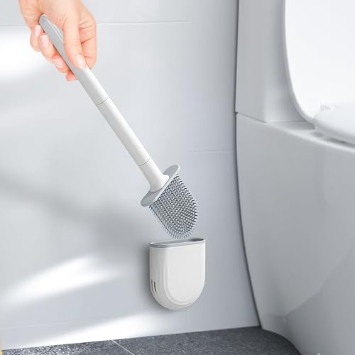 Toilet Brush and Holder Set,Flexible Toilet Bowl Brush Head with Silicone, Compact Size for Storage and Organization, Ventilation Slots Base White - color: White