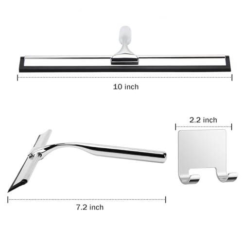 Stainless Steel Shower Squeegee for Shower Glass Door with Adhesive Hooks, Bathroom Cleaner Tool Household Window Mirror Squeegee, Cleaning Tile Wall, Car, 10 Inch Silver