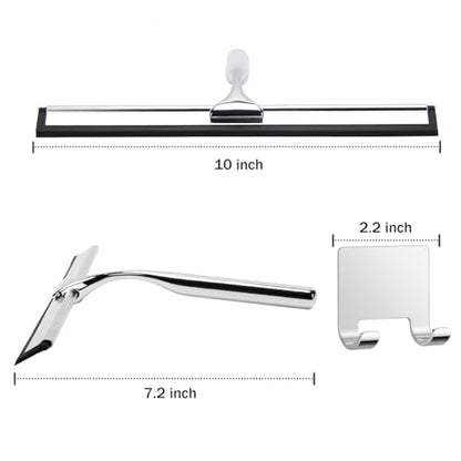 Stainless Steel Shower Squeegee for Shower Glass Door with Adhesive Hooks, Bathroom Cleaner Tool Household Window Mirror Squeegee, Cleaning Tile Wall, Car, 10 Inch Silver