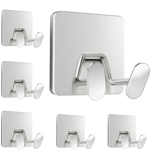 susswiff Shower Hooks for Inside Shower - Extra Sticky Stainless, Razor Holder Accessories, Wall Mounted Self-Adhesive Double Hooks for Razor, Loofah, Towel, Shaver, Coat, Key, Silver 6 Pack - color: Silver, size: 6 Pack