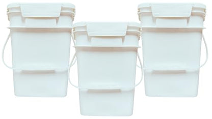 House Naturals 4 Gallon Square Food Grade Bucket Pail with Plastic Handles and Lid (Pack of 3) Made in USA containers (White) - color: White