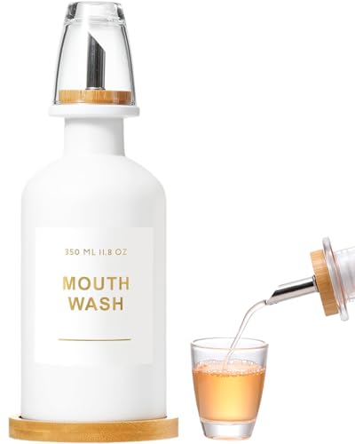 11.8OZ Mouthwash Dispenser for Bathroom with Bamboo & Stainless Steel Pour Spout, Mouthwash Cup Reusable, Bamboo Tray, and Elegant Gold Label. （White - color: White/350*1