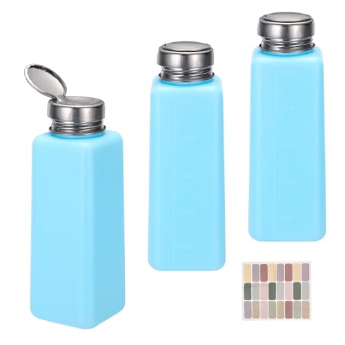 uxcell 3Pcs Push Down Solvent Dispenser, 500ml/16.9oz Anti-Reflux Liquid Pump Bottle with Stainless Steel Lid and Colorful Stickers for Acetone Alcohol Makeup Remover, Blue - color: Blue, size: 500ml/16.9oz