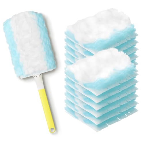 JOYMOOP Disposable Electrostatic Duster for Cleaning, with 1 Handles & 12 Ct Blue Heavy Duty Refills for Swiffer Feather Duster, Household Cleaning Tool for Electronics, Dusting Furniture, Blinds - color: Yellow Handle With Blue Refills, size: 1 Duster Ha