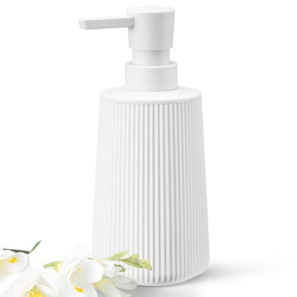 White Hand Soap Dispenser with No Rust Pump for Bathroom and Kitchen Countertops Refillable Striped Matte Plastic 8.5 oz - color: White