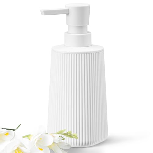 White Hand Soap Dispenser with No Rust Pump for Bathroom and Kitchen Countertops Refillable Striped Matte Plastic 8.5 oz - color: White