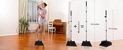Tiumso Upgrade Broom with Dustpan Combo Set, Broom and Dustpan Set with 51'' Long Handle, Large Upright Brooms and Dust Pans, ZeroGap Lip, Self-Cleaning Dustpan Teeth for Lobby and Restaurant - Black - color: Black