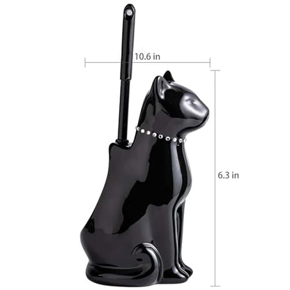 Cat Toilet Brush Holder - Ceramic Whimsical Feline Design with Wide-Mouth Storage, Black Toilet Bowl Brush and Holder Set Cute for Bathroom Ground, Easy-Clean Cat Lover Gift (Black)