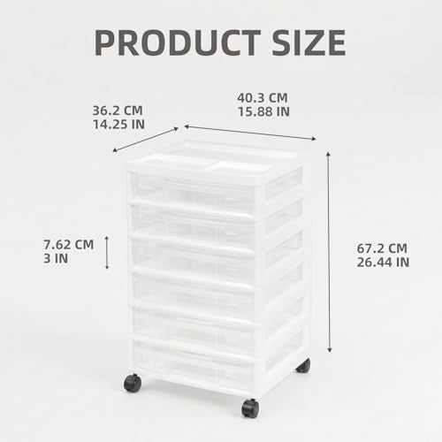 novelinks Rolling Storage Cart, 6-Tier, for 12" x 12" Paper & Scrapbook Supplies—White, 6 Clear Cases & Built-in Handles, Holds Yarn, Vinyl, Stationery, Art, Craft, and Office Tools