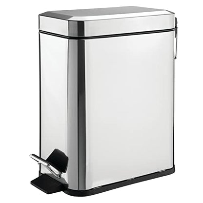 mDesign Small Modern 1.3 Gallon Rectangle Metal Lidded Step Trash Can, Compact Garbage Bin with Removable Liner Bucket and Handle for Bathroom, Kitchen, Craft Room, Office, Garage - Chrome - color: Chrome, size: 1.3 Gallon