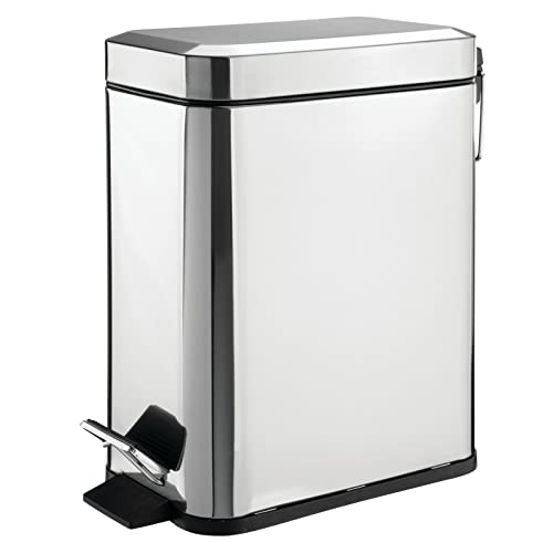 mDesign Small Modern 1.3 Gallon Rectangle Metal Lidded Step Trash Can, Compact Garbage Bin with Removable Liner Bucket and Handle for Bathroom, Kitchen, Craft Room, Office, Garage - Chrome - color: Chrome, size: 1.3 Gallon