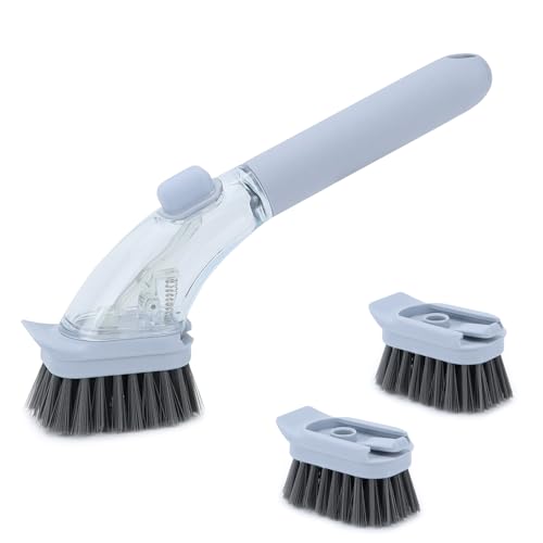 DAPOWER Soap Dispensing Dish Brush with Handle, Kitchen Scrub Brush for Dishes Pots Pans Sink Cleaning (Grayish Blue) - color: Grayish Blue